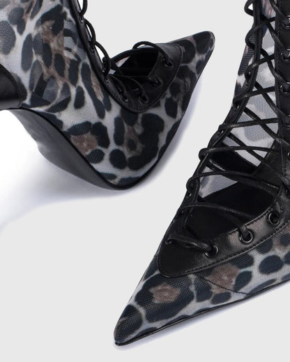 Sea Leopard Print Mesh Lace Up Knee High Boots