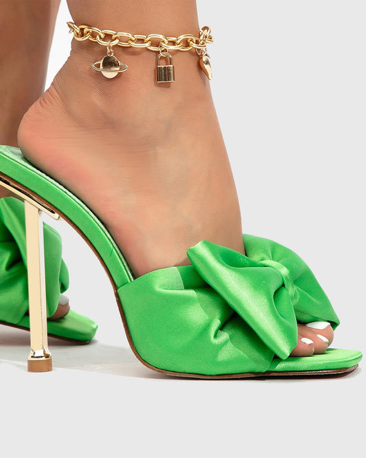 Sofia Bow Satin Slippers In Green
