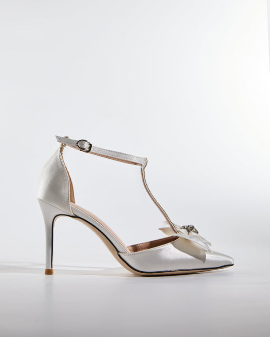 Zaina Bow Rhinestone T Strap Pumps In White