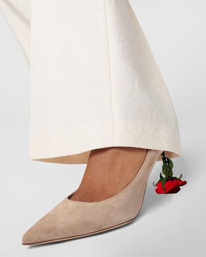 Venice Flower Heel Suede Pumps In Beige