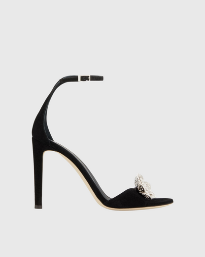 Yale Rhinestone Camellia Strap Sandals In Black