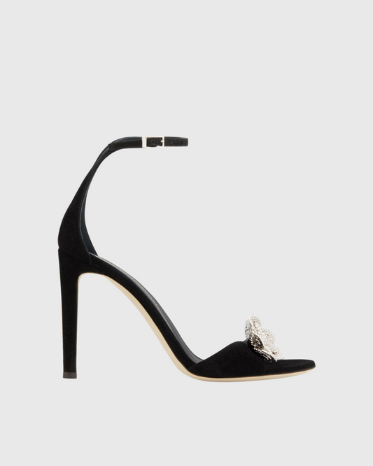 Yale Rhinestone Camellia Strap Sandals In Black