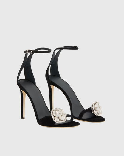 Yale Rhinestone Camellia Strap Sandals In Black
