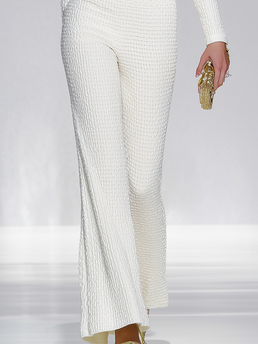 White Woolen Round-neck Button-down Jacket And Wide-leg Pants Set