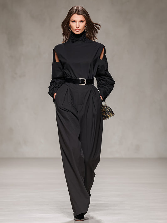 Black Turtleneck Cold Shoulder Long-sleeved T-shirt And Wide-leg Pants Set