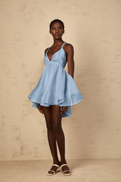 Quincie Blue Shirred Flounced Mini Dress