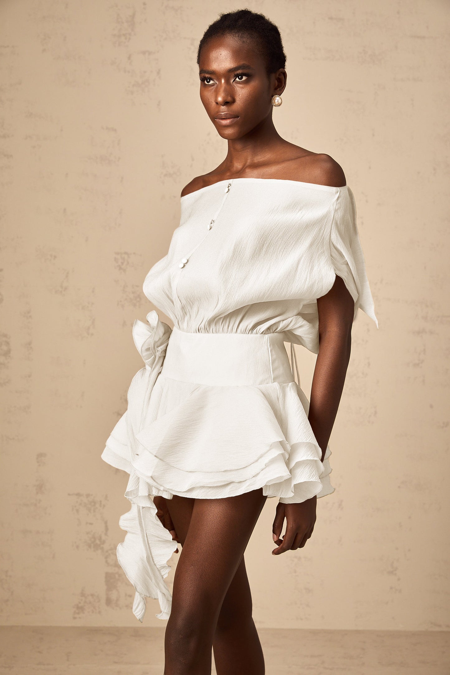 Amélie White Floral Appliqué Flounced Mini Dress