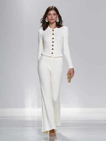 White Woolen Round-neck Button-down Jacket And Wide-leg Pants Set