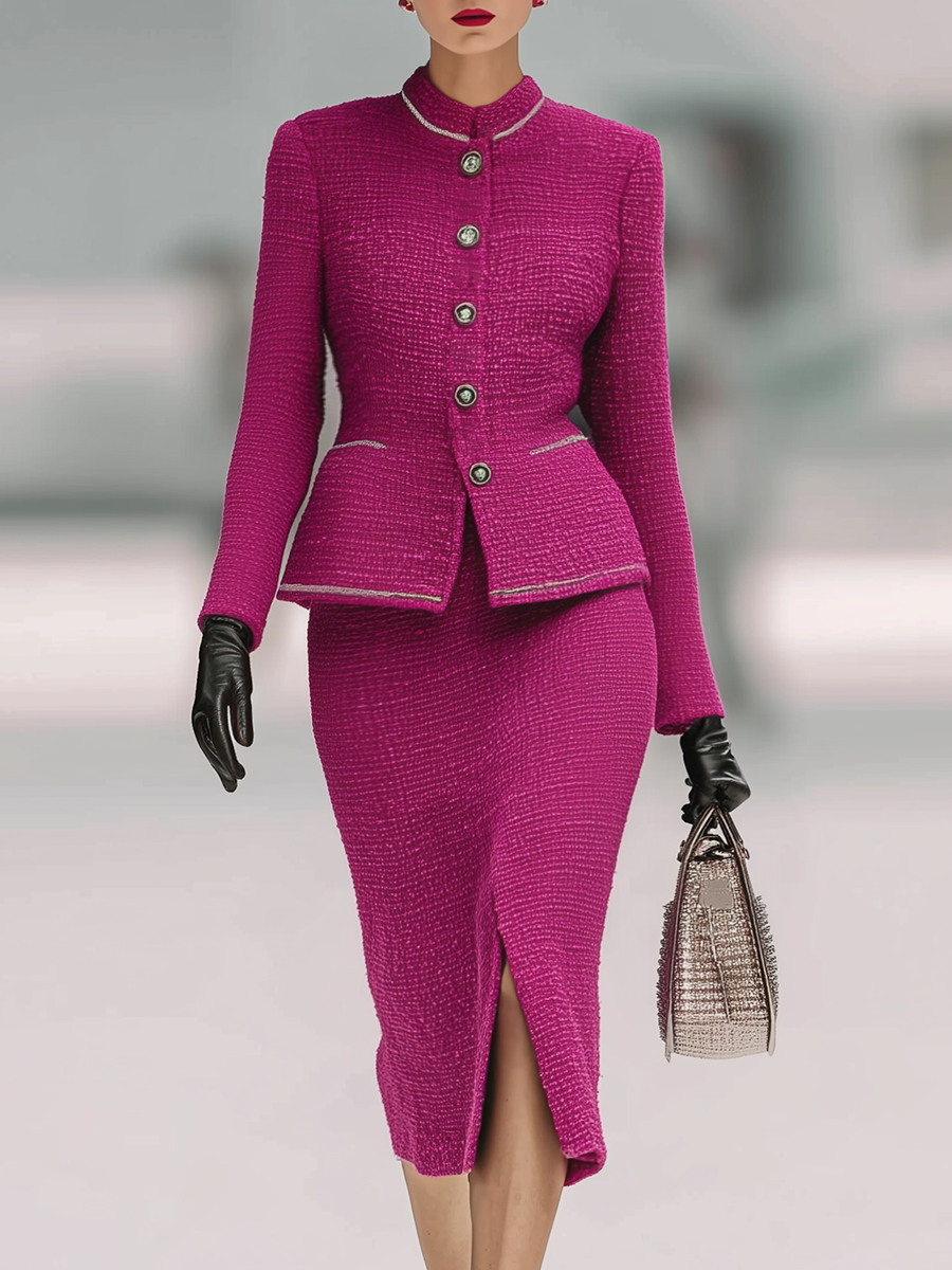 Vintage Tweed Stand Collar Jacket And Skirt Set