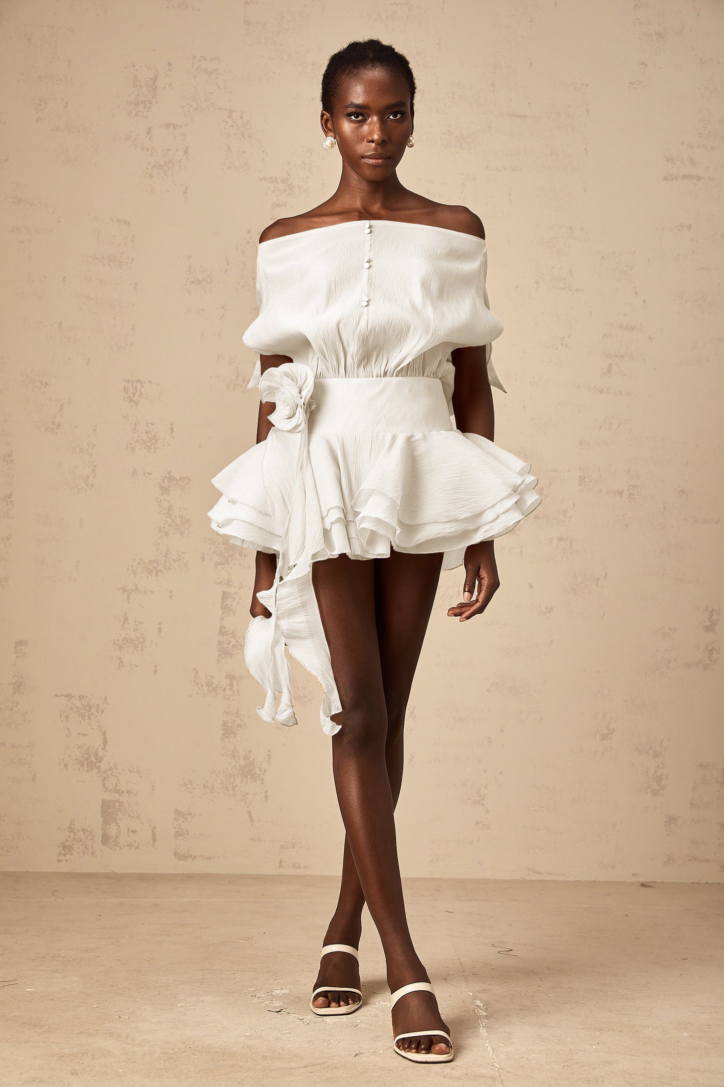 Amélie White Floral Appliqué Flounced Mini Dress