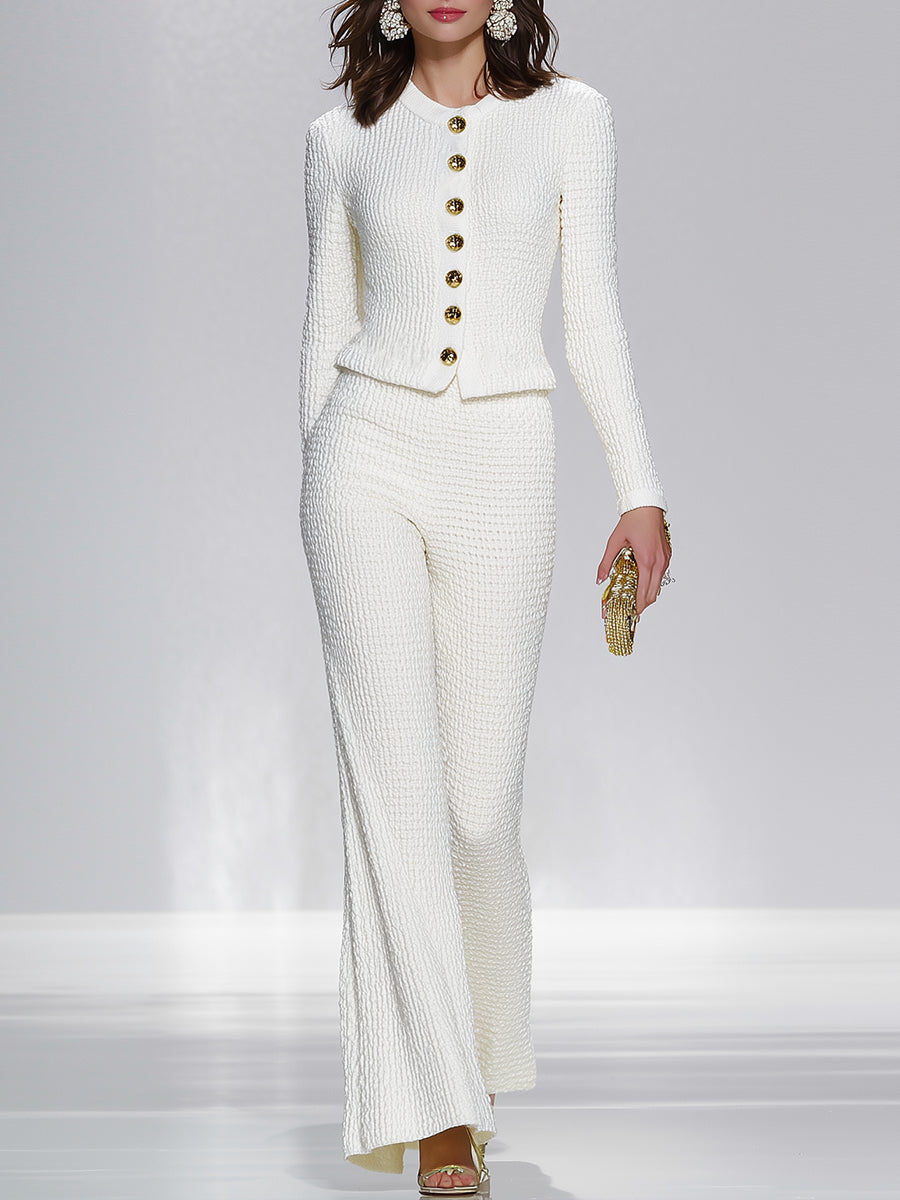 White Woolen Round-neck Button-down Jacket And Wide-leg Pants Set