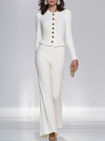 White Woolen Round-neck Button-down Jacket And Wide-leg Pants Set