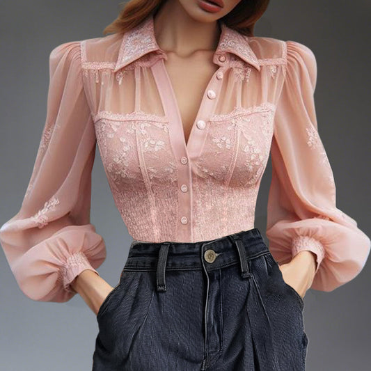 Elegant Lace Lantern Sleeve Shirt Collar Button Blouse