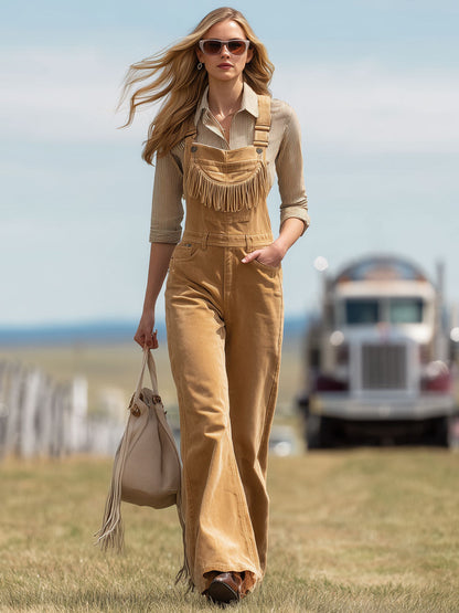 Western Vintage Camel Suede Tassel Wide-Leg Overalls