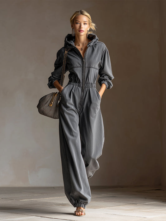 Casual Loose Fashionable Hooded Gray Denim Long-Sleeved Jumpsuit