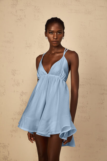 Quincie Blue Shirred Flounced Mini Dress