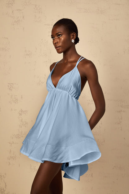 Quincie Blue Shirred Flounced Mini Dress