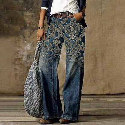Boho Floral Pattern Hem Straight Leg Denim Jeans