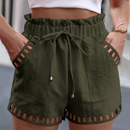 Casual Cotton And Linen Hollow Out Pocket Drawstring Shorts