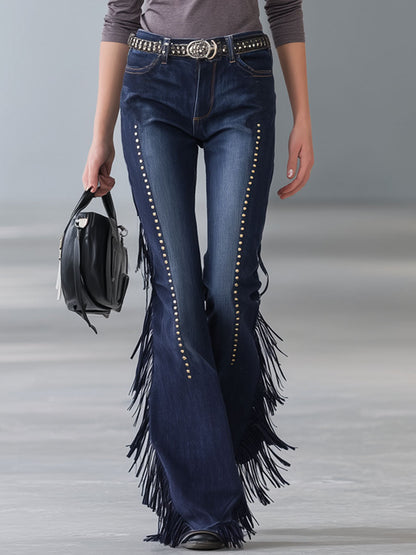 Western Style Vintage Tassel Rivet Flared Jeans