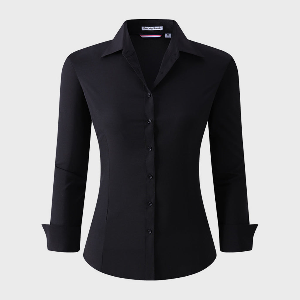 Formal Solid Turndown Collar Long Sleeve Button Up Blouse