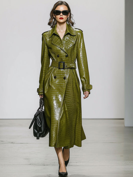 Vintage Faux Leather Crocodile Pattern Moss Green Lace-Up Trench Coat