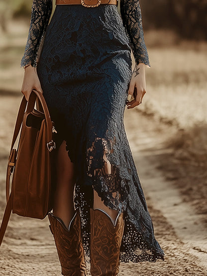 Vintage Bohemian Blue Lace Long Sleeve Midi Dress