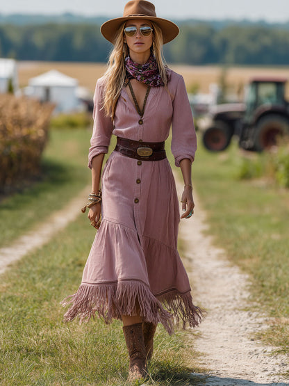 Western Retro Pink Corduroy Long Sleeve Tassel Midi Dress