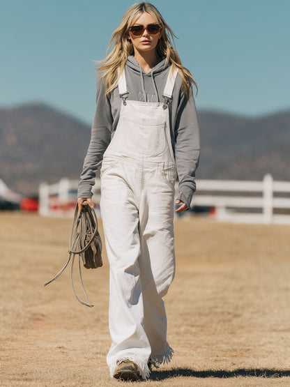 Western Retro White Denim Raw Edge Wide-Leg Overalls