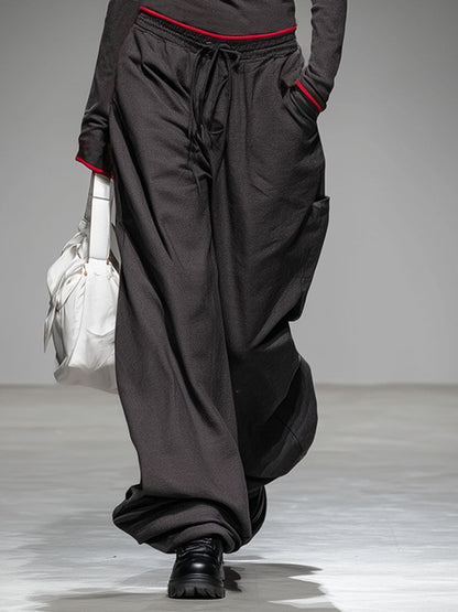 Casual Contrast-edged Long-sleeved Top And Wide-leg Pants Set