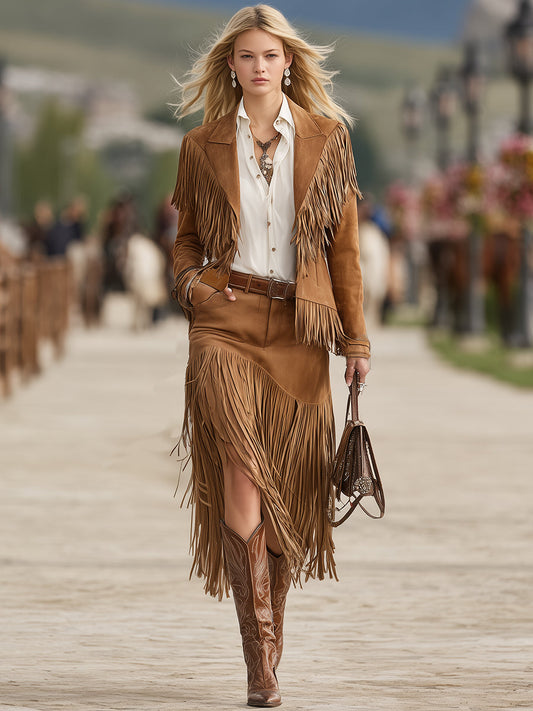 Retro Western Brown Tassel Jacket And Tassel Skirt Set