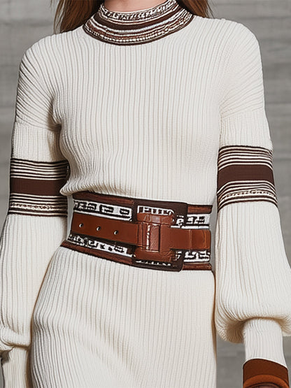 White And Brown Round Neck Hem Tassel Woolen Maxi Dress