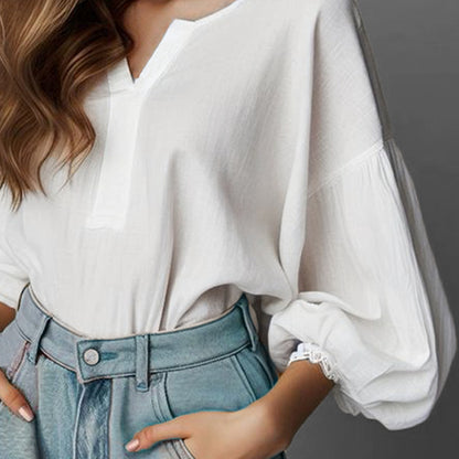 Casual Solid Color V Neck Lantern Sleeve Blouse