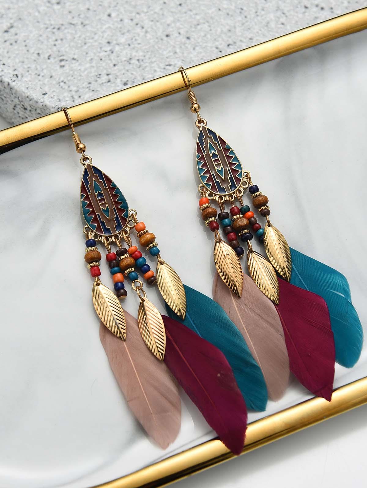 Retro Feather Decor Beaded Dangle Earrings