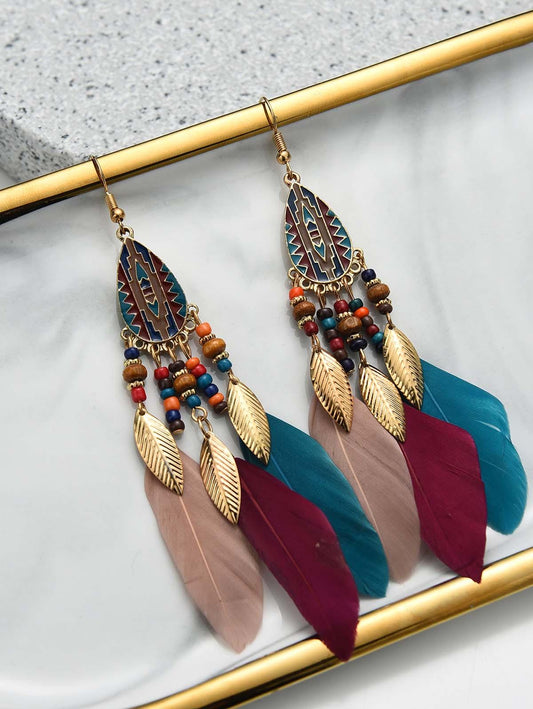 Retro Feather Decor Beaded Dangle Earrings