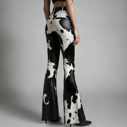 Fashion High Rise Cow Print Flare Pants
