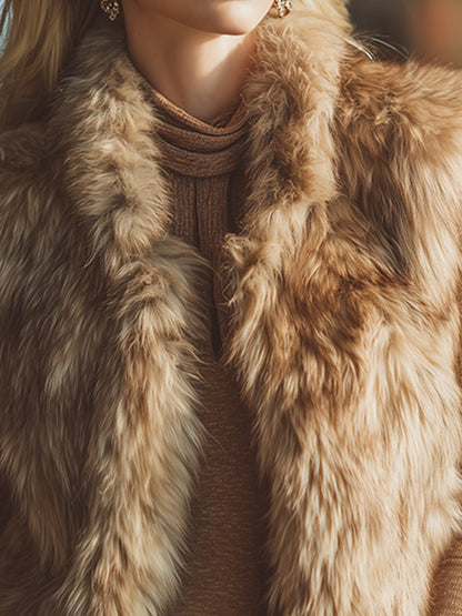 Vintage Western Light Brown Stand Collar Faux Fur Vest