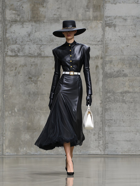 Black Faux Leather Button-stitched Organza Midi Dress