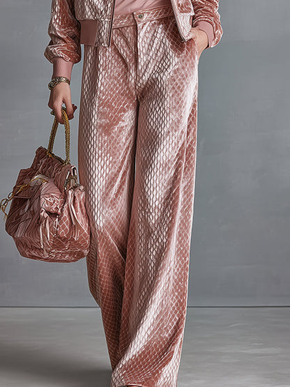 Casual And Elegant Dry Pink Textured Velvet Jacket And Wide-leg Pants Set