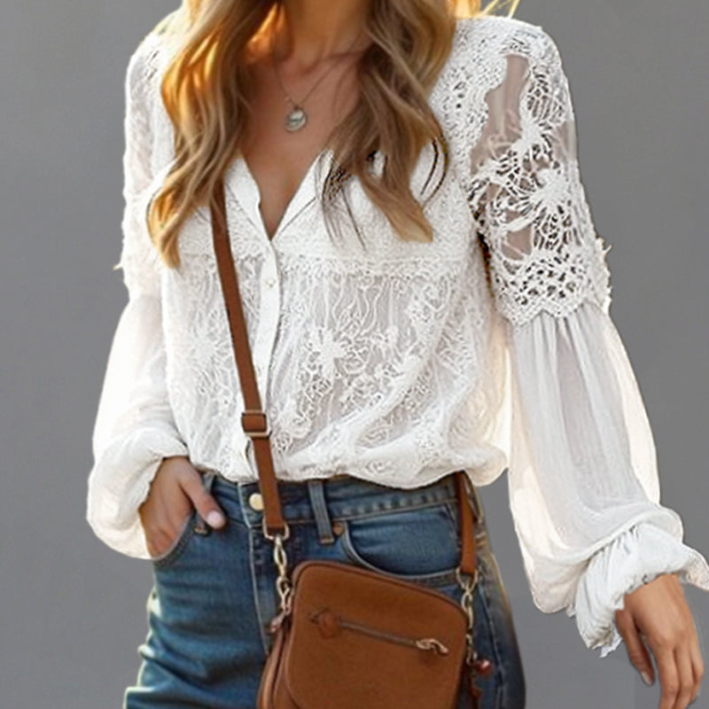 Casual V-neck Lantern Sleeve Lace Stitching Button Blouse