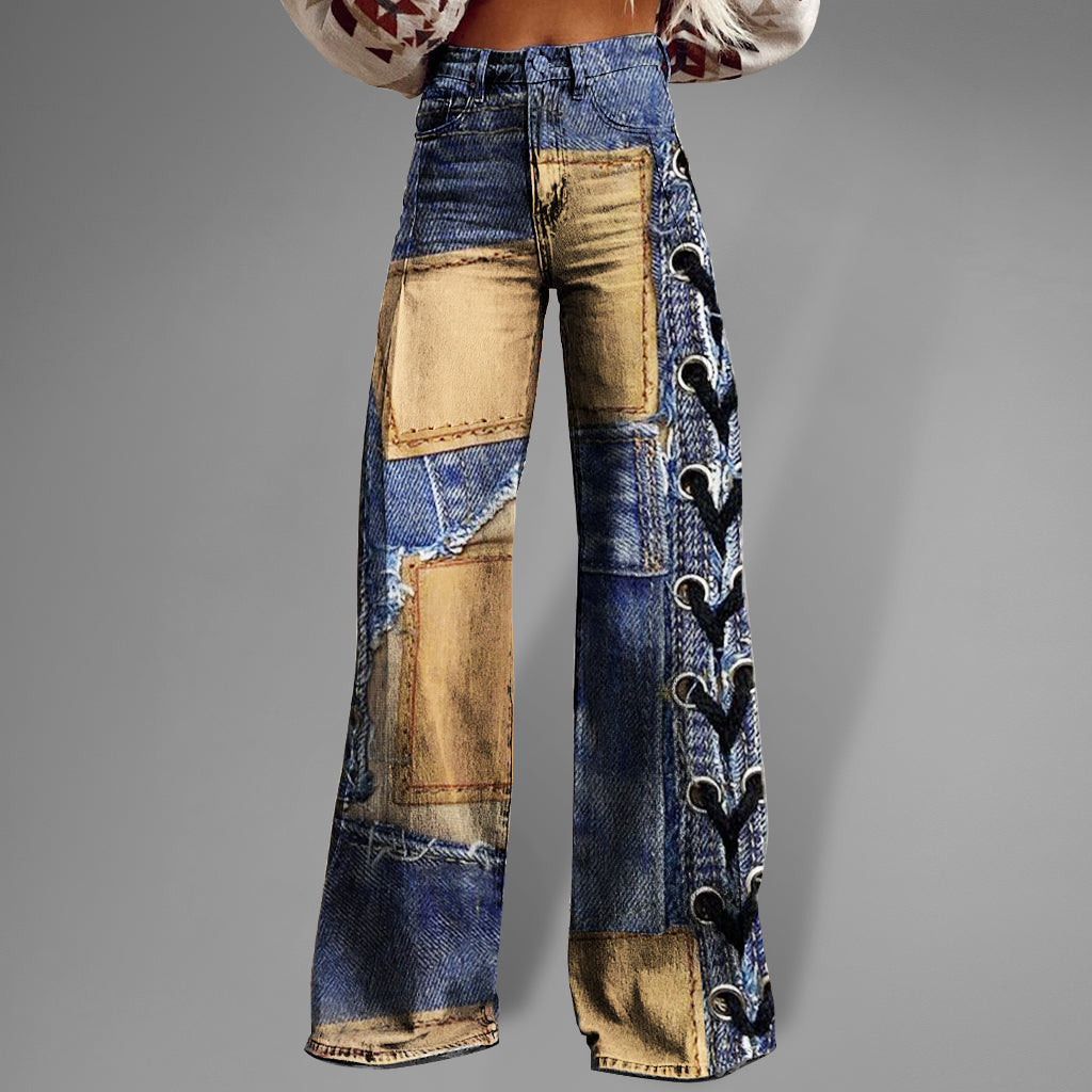 Ursime Patchwork Allover Pattern High Rise Wide Leg Pants