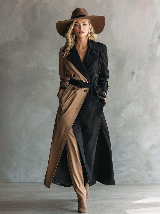 Casual Loose Cool Black Contrast Khaki Lapel Belt Trench Coat