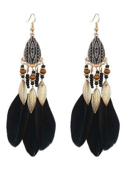 Retro Feather Decor Beaded Dangle Earrings