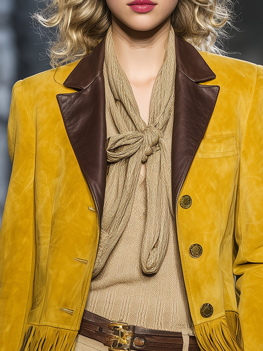 Vintage Western Style Brown Leather Collar With Yellow Tassels Faux Suede Blazer
