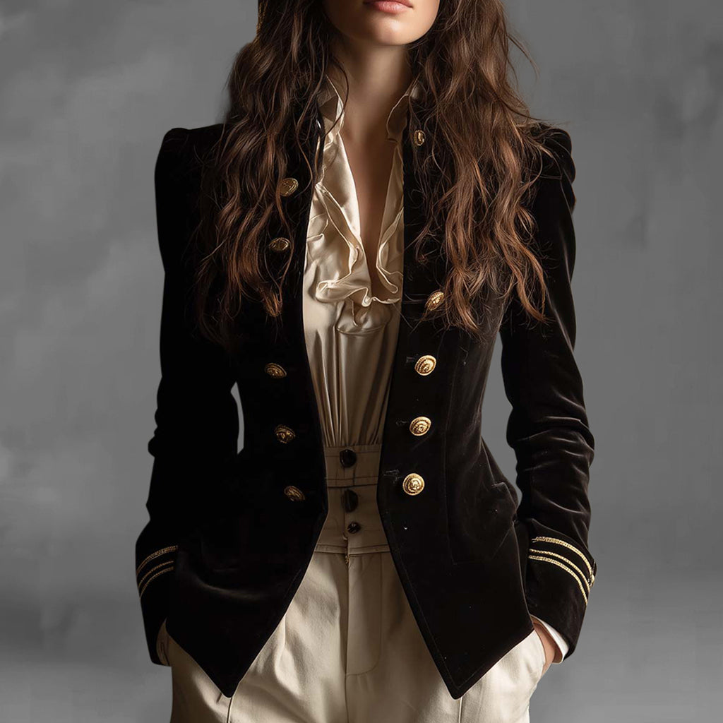 Formal Velvet Double Breasted Long Sleeve Striped Cuffs Jacket