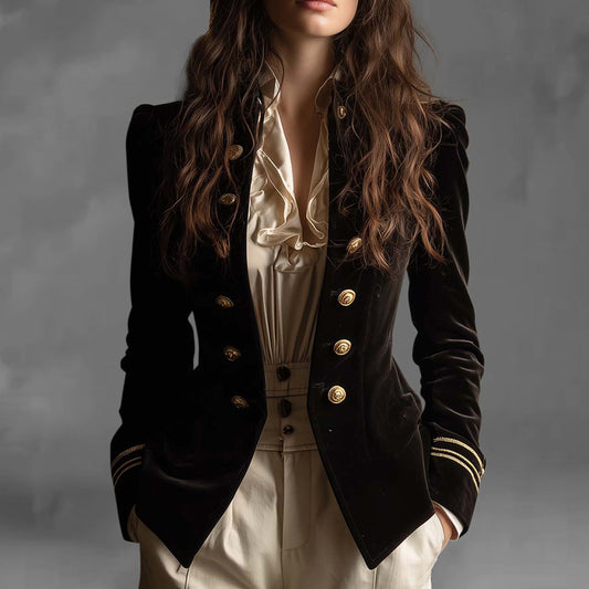 Formal Velvet Double Breasted Long Sleeve Striped Cuffs Jacket