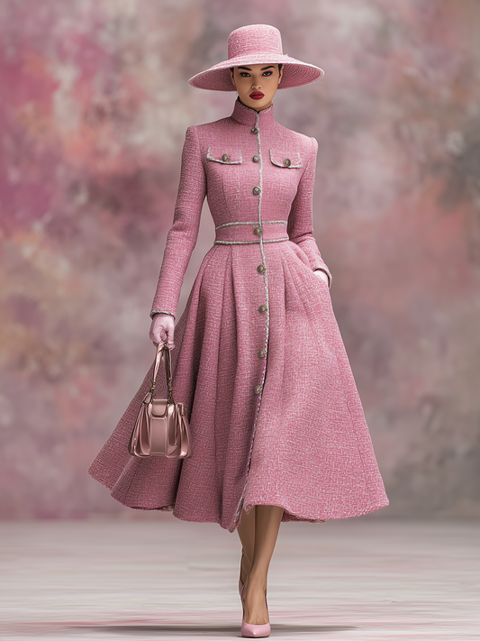 Stylish Stand-up Collar A-line Tweed Maxi Dress