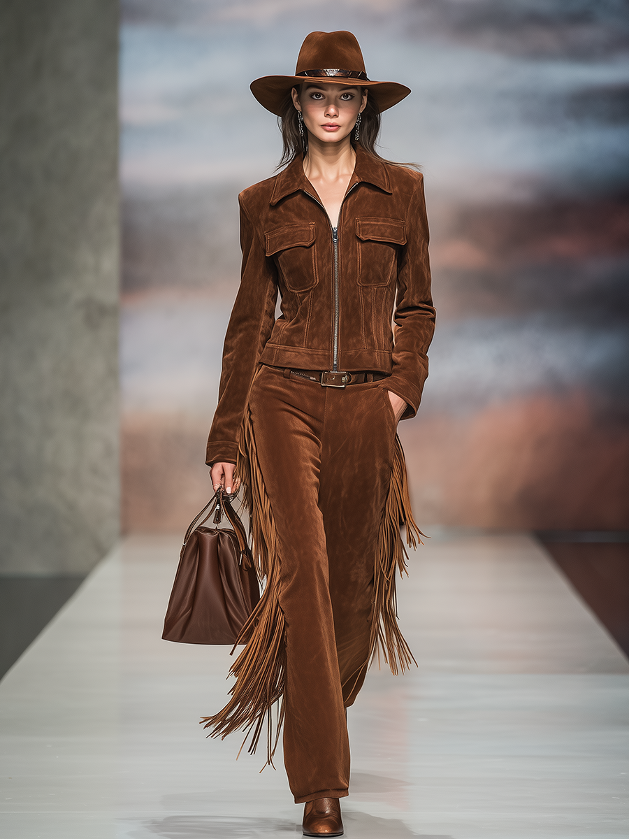 Vintage Western-style Lapel Suede Jacket And Fringed Trousers Set
