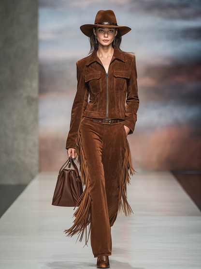 Vintage Western-style Lapel Suede Jacket And Fringed Trousers Set