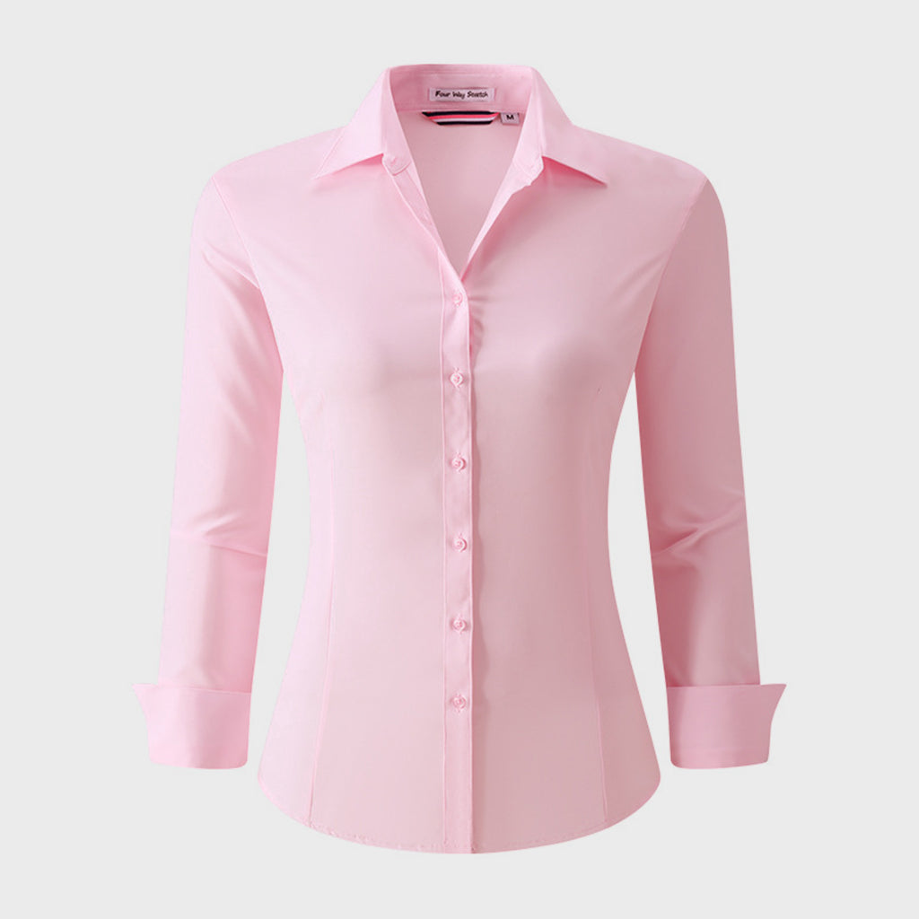 Formal Solid Turndown Collar Long Sleeve Button Up Blouse